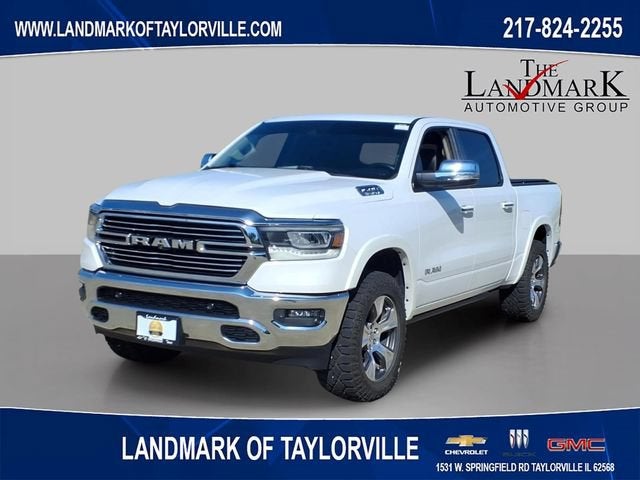 2019 RAM 1500 Laramie in Ivory White Tri — front three-quarter view